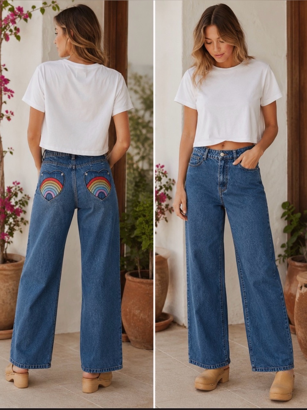 Cider rainbow heart pocket jeans - wide leg - like new